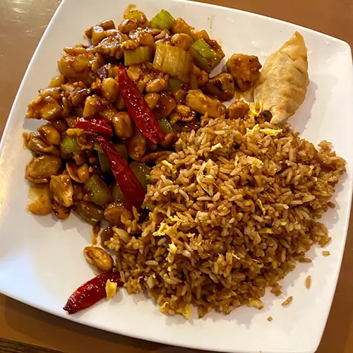 Iron-Wok-Chinese-restaurant-Kung-Pao-Chicken-with-Fried-Rice-and-Dumpling-San-Diego Kung Pao Chicken with Fried Rice and Dumpling at Iron Wok, a Chinese Restaurant in San Diego